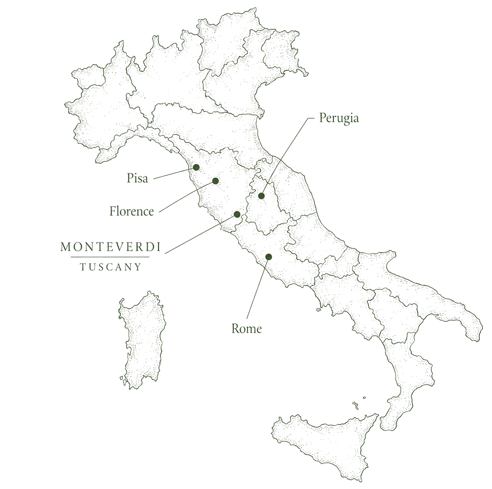 Map of Tuscany showing Monteverdi